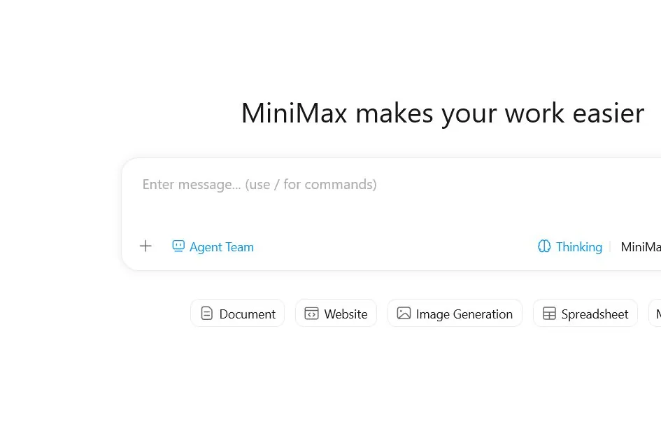 MiniMax Agent web interface with Agent Team and task type controls