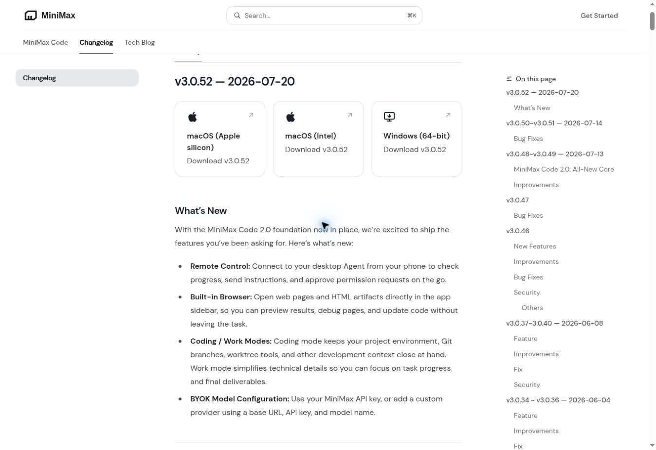 Official MiniMax Code v3.0.52 changelog showing Remote Control, Built-in Browser, Coding and Work modes, and BYOK