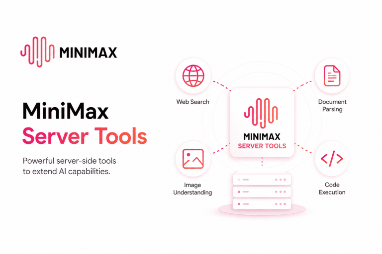 MiniMax Server Tools dashboard with web search, image understanding, document parsing, and code execution