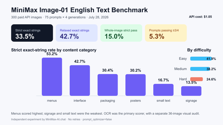 MiniMax Image-01 English text rendering benchmark results from 300 generated images