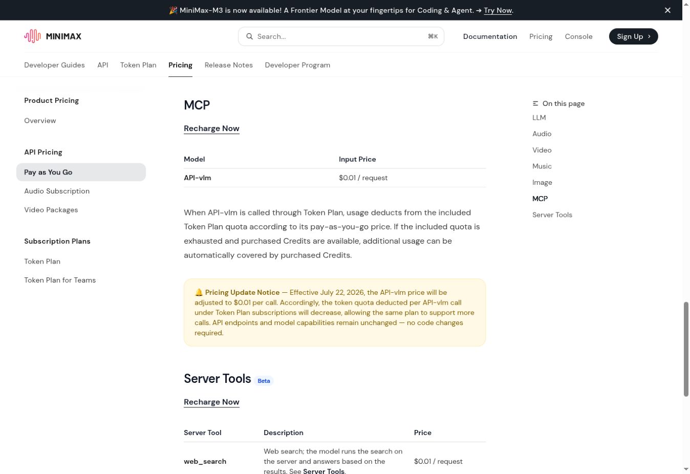 Official MiniMax API-vlm price update to $0.01 per request