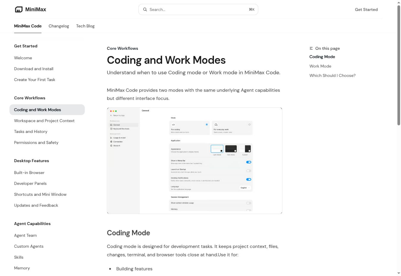 Official MiniMax Code settings showing Coding and Work modes