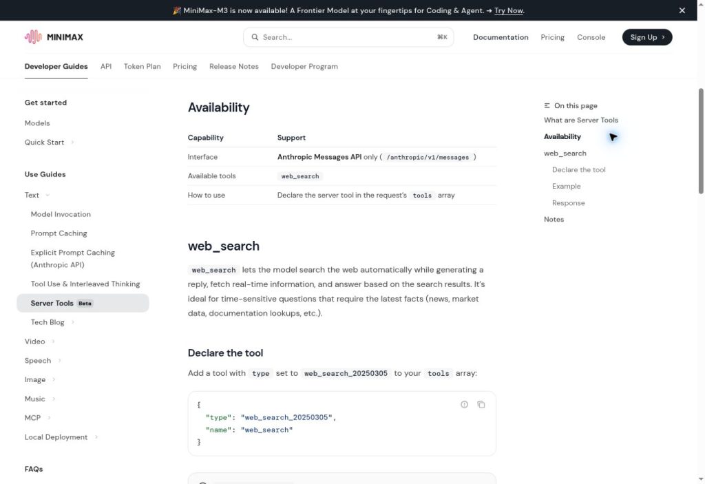 Official MiniMax Server Tools documentation showing Anthropic Messages support and the web_search_20250305 declaration