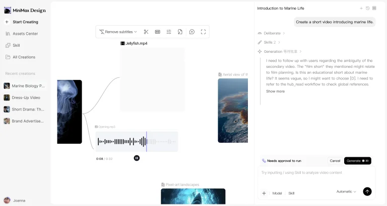 MiniMax Design desktop interface with connected media workflow