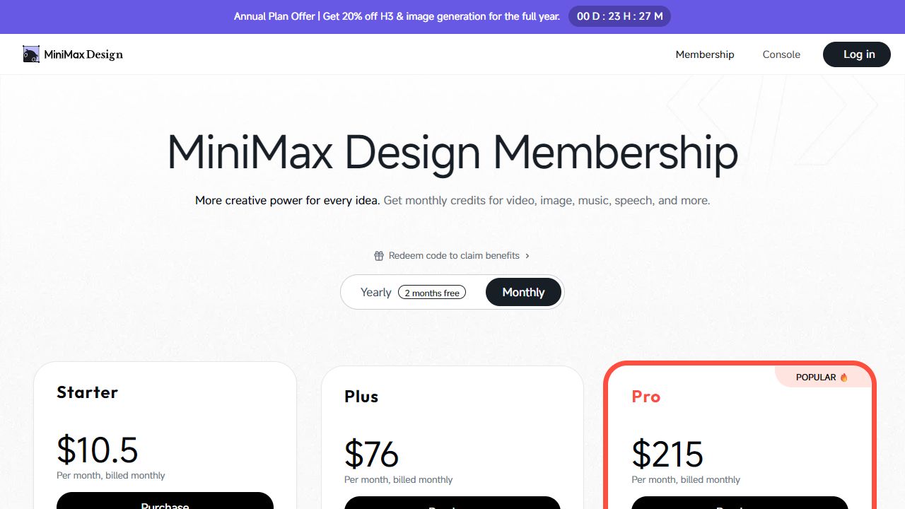 MiniMax Design monthly membership prices on August 26 2026