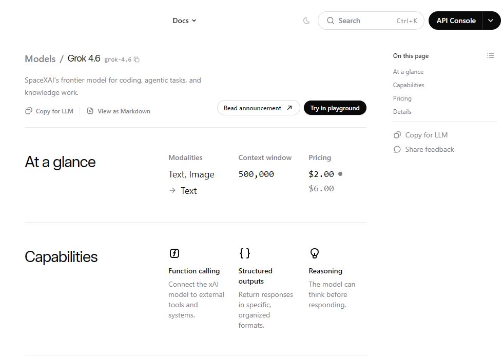 Official xAI Grok 4.6 model card with context and pricing details
