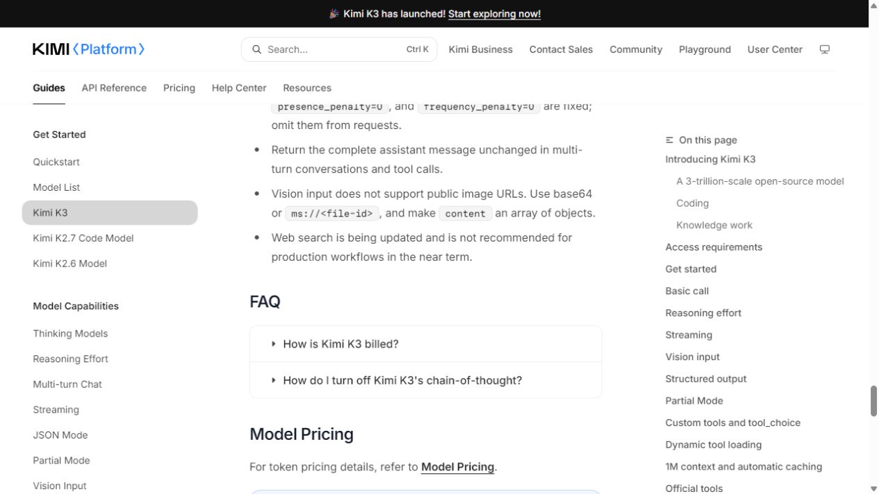 Official Kimi K3 documentation warning that web search is being updated and is not recommended for production workflows