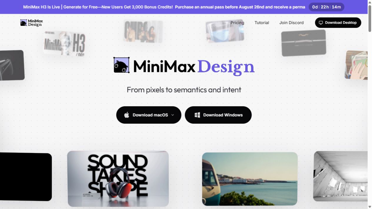 MiniMax Design official homepage showing the desktop creative workspace on August 26, 2026