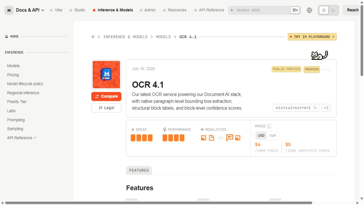 Official Mistral OCR 4.1 model card showing Public Preview status