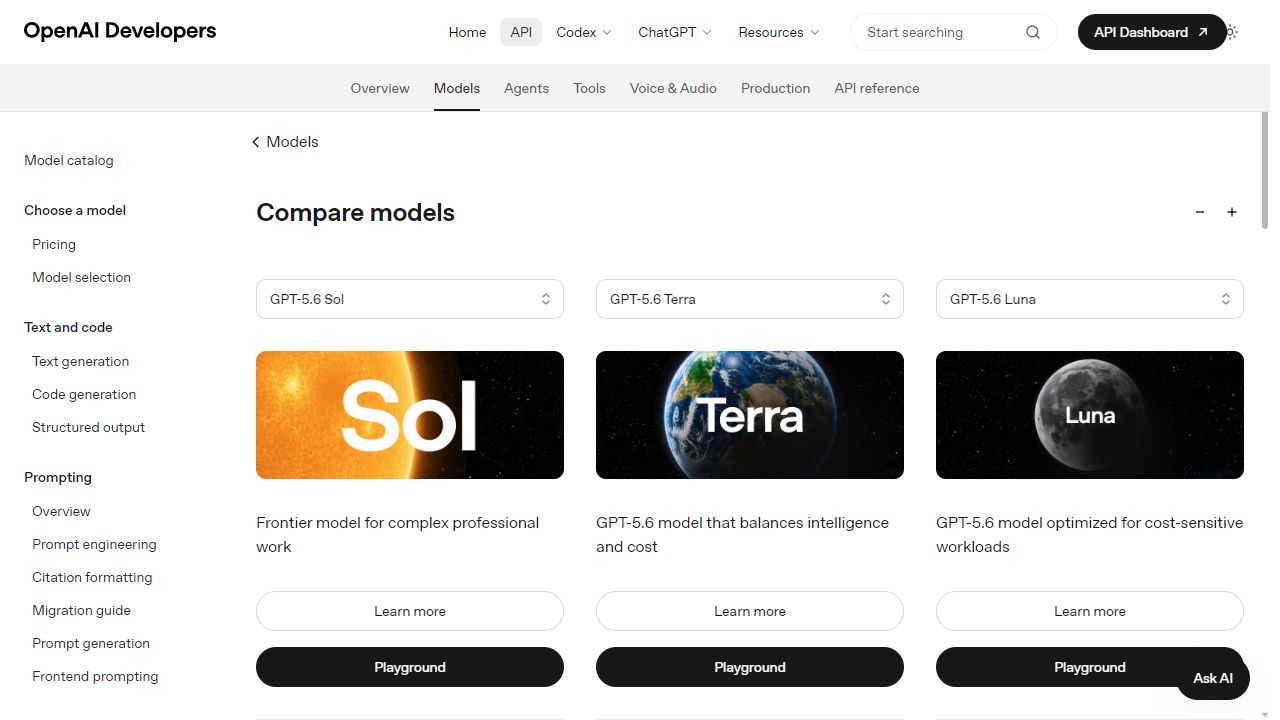 Official OpenAI GPT-5.6 model comparison for Luna, Terra, and Sol